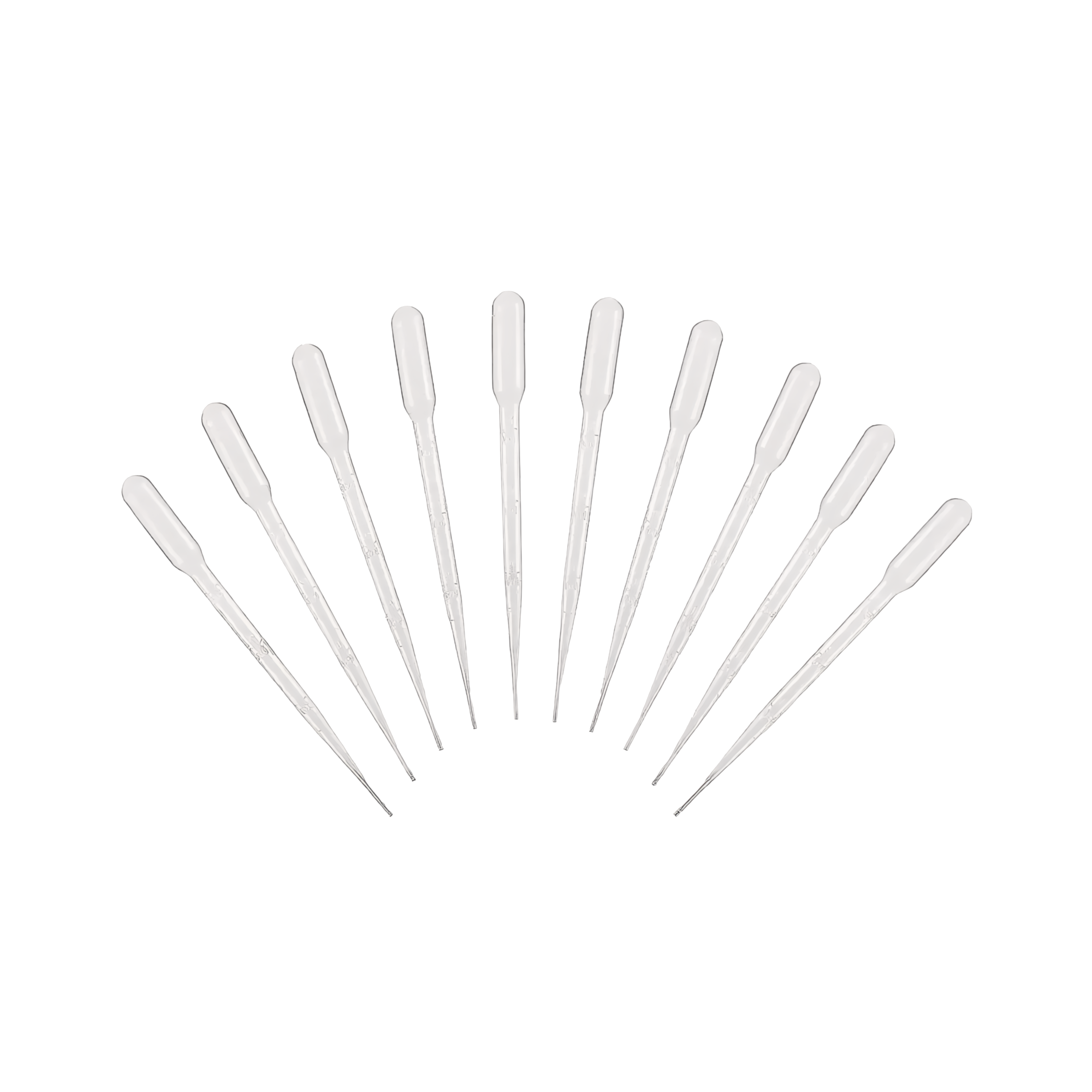 Set of clear plastic pipettes on a white background