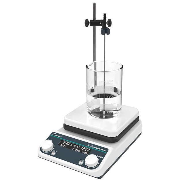 Laboratory stirring hotplate with digital display on a white background.